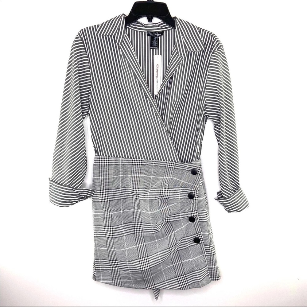 Bloomingdale’s Aqua Grey and White Striped and Plaid Dress
